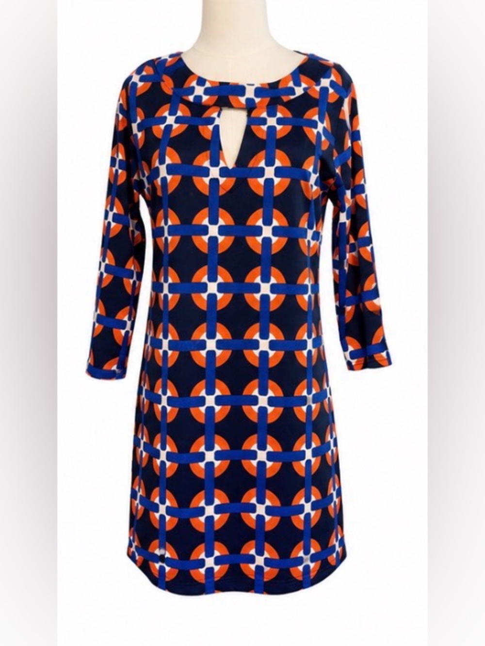 Tracy Negoshian Geometric Print Shift Dress Keyhole Neck Navy Orange Size Small